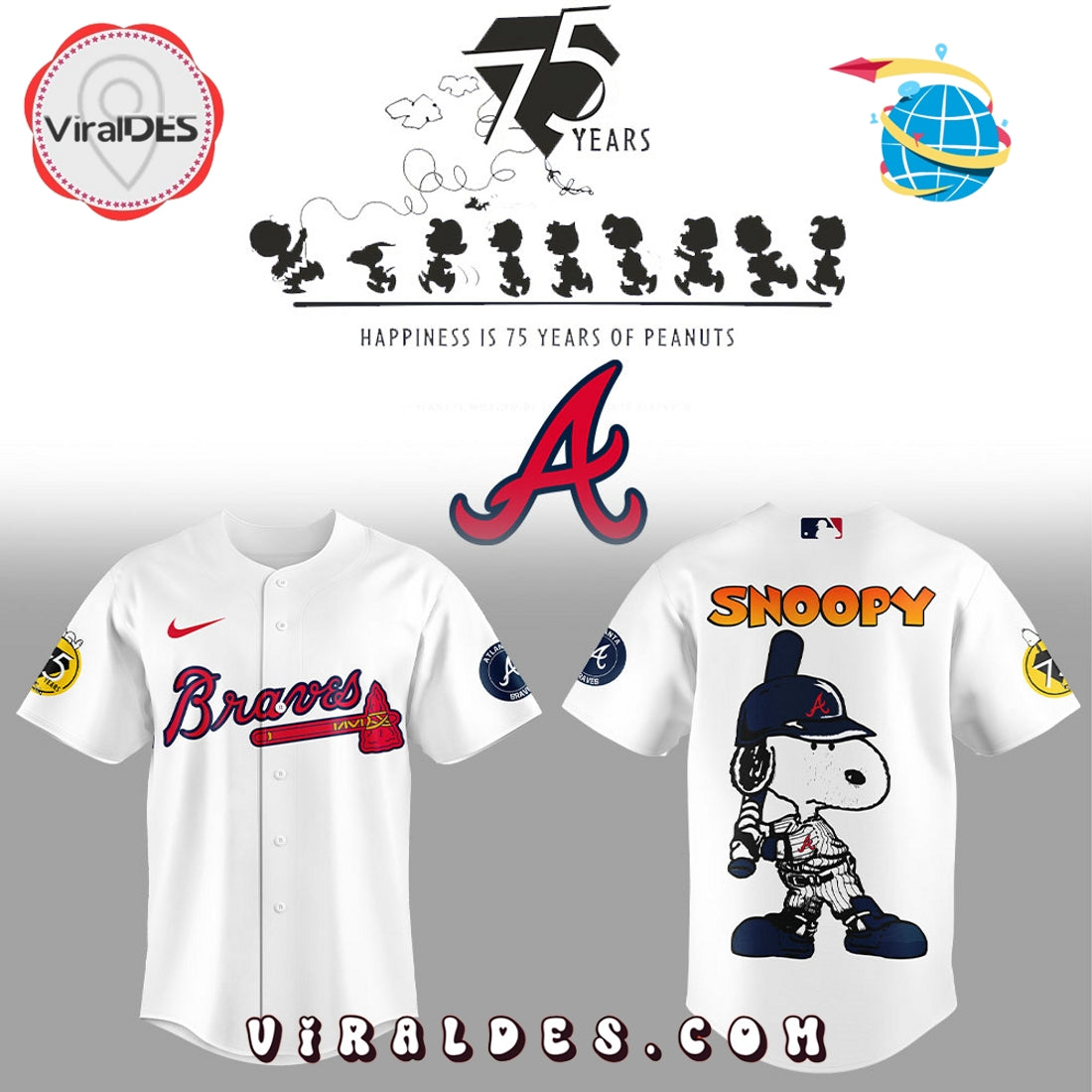 Atlanta Braves 75th Anniversary Peanuts White Baseball Jersey