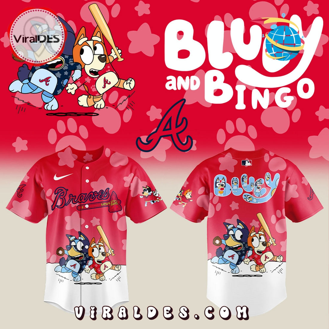 Atlanta Braves x Bluey and Bingo Red Baseball Jersey